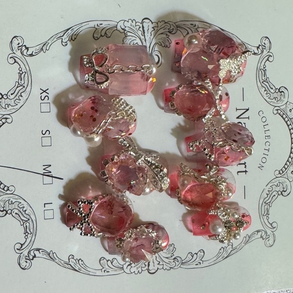 Press on Nails Pink Gemstone Embellished Bling False Nails Medium - Picture 1 of 1